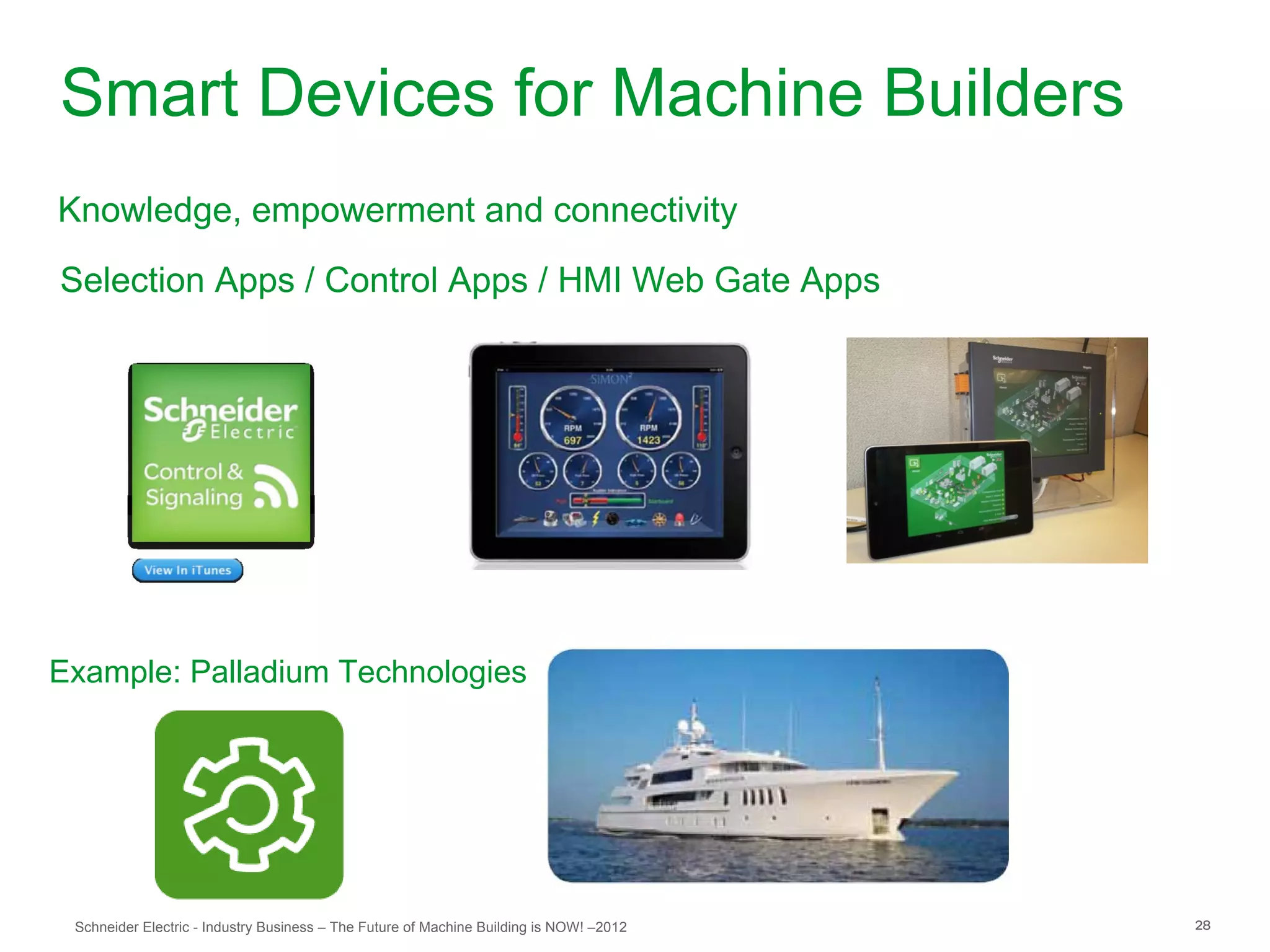 Smart Devices for Machine Builders
Knowledge, empowerment and connectivity
Selection Apps / Control Apps / HMI Web Gate Apps




Example: Palladium Technologies




 Schneider Electric - Industry Business – The Future of Machine Building is NOW! –2012   28
 