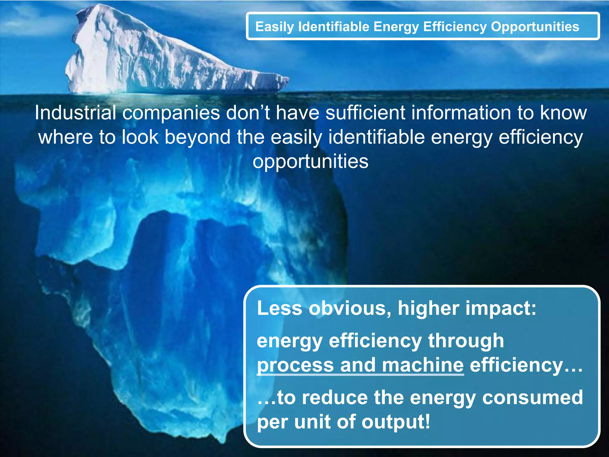 Easily Identifiable Energy Efficiency Opportunities




Industrial companies don’t have sufficient information to know
 where to look beyond the easily identifiable energy efficiency
                        opportunities




                                                                      Less obvious, higher impact:
                                                                      energy efficiency through
                                                                      process and machine efficiency…
                                                                      …to reduce the energy consumed
                                                                      per unit of output!
Schneider Electric - Industry Business – The Future of Machine Building is NOW! –2012                                  37
 