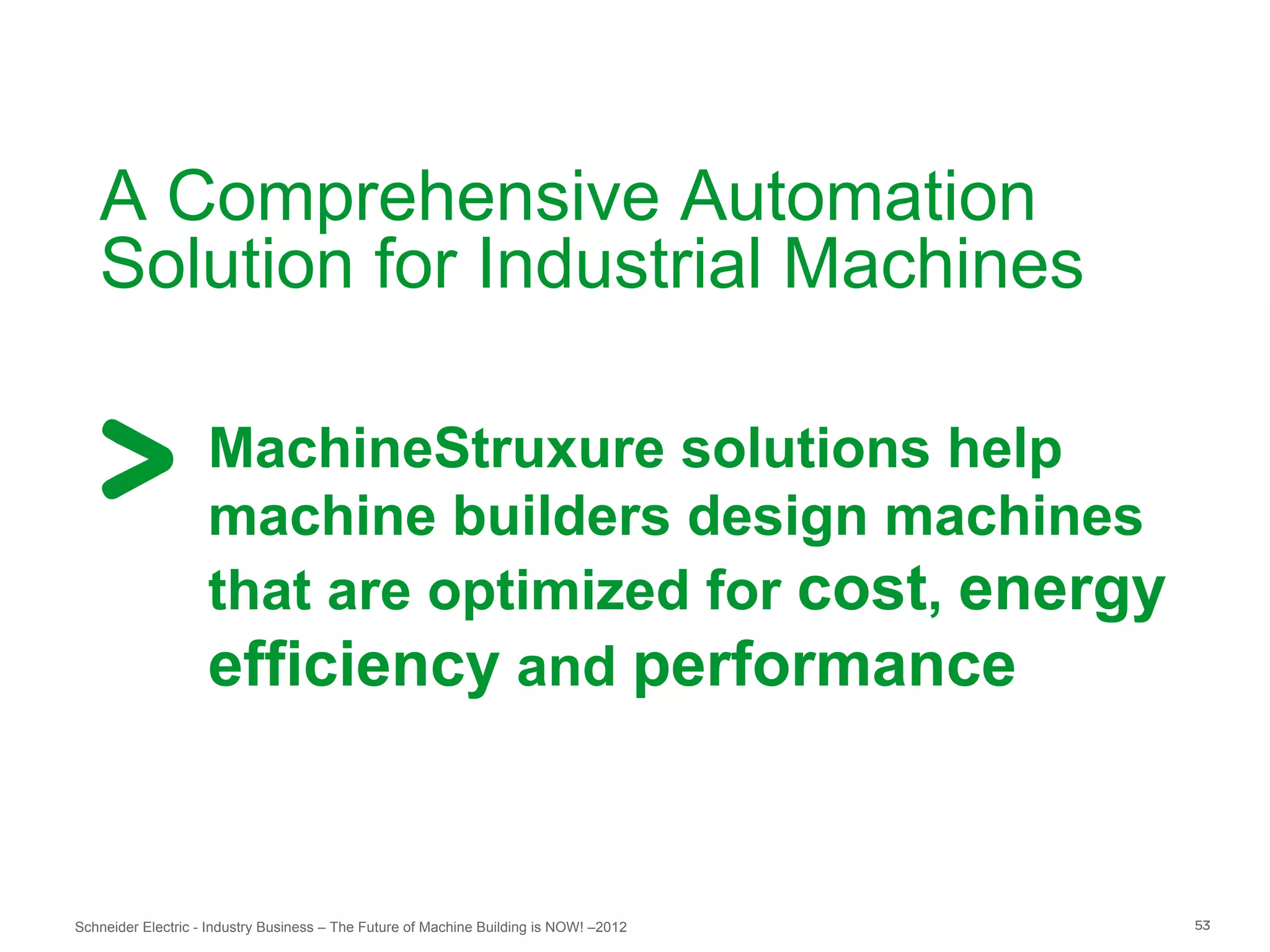 A Comprehensive Automation
   Solution for Industrial Machines

                    MachineStruxure solutions help
                    machine builders design machines
                    that are optimized for cost, energy
                    efficiency and performance


Schneider Electric - Industry Business – The Future of Machine Building is NOW! –2012   53
 