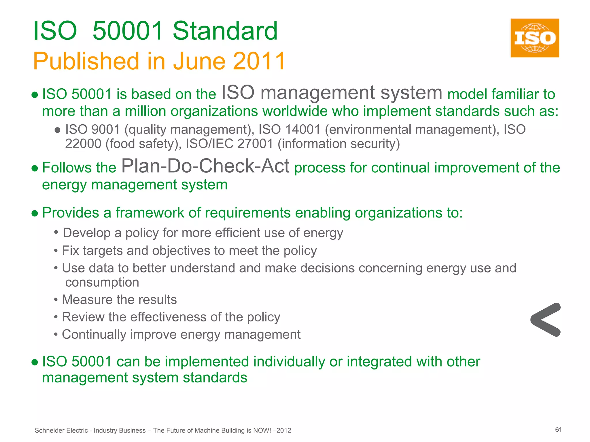 ISO 50001 Standard
Published in June 2011
● ISO 50001 is based on the ISO management system model familiar to
  more than a million organizations worldwide who implement standards such as:
      ● ISO 9001 (quality management), ISO 14001 (environmental management), ISO
        22000 (food safety), ISO/IEC 27001 (information security)
● Follows the Plan-Do-Check-Act process for continual improvement of the
  energy management system
● Provides a framework of requirements enabling organizations to:
   • Develop a policy for more efficient use of energy
      • Fix targets and objectives to meet the policy
      • Use data to better understand and make decisions concerning energy use and
        consumption
      • Measure the results
      • Review the effectiveness of the policy
      • Continually improve energy management

● ISO 50001 can be implemented individually or integrated with other
  management system standards


Schneider Electric - Industry Business – The Future of Machine Building is NOW! –2012   61
 