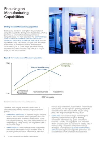 8 The Future of Manufacturing: Driving Capabilities, Enabling Investments
Focusing on
Manufacturing
Capabilities
Shifting Towards Manufacturing Capabilities
Public policy attention is shifting from the promotion of
competitiveness to the development of capabilities, which is
perceived as a more effective strategy to improve
competitiveness. The main rationale is that COMPETITIVENESS
TENDS TO FOCUS ON DECREASING DIFFERENT COSTS, WHILE
CAPABILITIES FOCUS ON INCREASING THE ADDED VALUE provided
by manufacturing. The manufacturing sector is also subject
to transitions as economies develop, along with their
capabilities (Figure 3). These stages are not necessarily
sequential since a country can “jump” directly to a higher
stage, but this is not common.
Figure 3: The Transition towards Manufacturing Capabilities
Source: Global Agenda Council on the Future of Manufacturing
Comparative
Advantages
Competitiveness Capabilities
Added-value /
Complexity
Share of Manufacturing
GDP per capita
High
Low
Therefore, each stage in economic development is
characterized by different manufacturing concerns and
policies.
–	 COMPARATIVE ADVANTAGES: In the earlier stages, concerns
relate to the comparative advantages which a country
already has because of its factor endowments. Some
may be permanent (e.g. resources), while others may be
temporary (e.g. cheap labour). This stage tends to be a
factor driven stage.
–	 COMPETITIVENESS: Later, the focus moves to improving
comparative advantages through strategies aimed at
promoting them (standards, infrastructure, education,
finance, etc.). For instance, investments in infrastructures
such as ports, rail and highways generally promote the
competitiveness of the area in which they are taking
place. This stage tends to be efficiency driven.
–	 CAPABILITIES: In an advanced stage, maintaining and
improving competitiveness in light of declining
comparative advantages (e.g. global competition)
becomes a priority. This stage tends to be innovation
driven. Since innovation is a key factor in creating value in
manufacturing, a supportive environment must be
developed. This requires an ADVANCED MANUFACTURING
APPROACH (convergence of corporate, government and
social interests) which aims to develop capabilities.
 