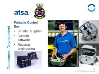 © 2013 ATSA Defence Services
11
Portable Control
Box
• Smaller & lighter
• Custom
software
• Reverse
engineering
ComponentDevelopment
 