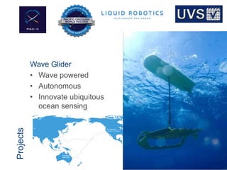 © 2013 UVS PTY LTD
Projects
22
Wave Glider
• Wave powered
• Autonomous
• Innovate ubiquitous
ocean sensing
 
