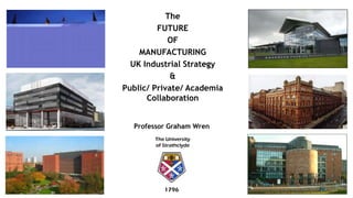 1796
The University
of Strathclyde
The
FUTURE
OF
MANUFACTURING
UK Industrial Strategy
&
Public/ Private/ Academia
Collaboration
Professor Graham Wren
 