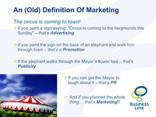An (Old) Definition Of Marketing <ul><ul><li>If you can get the Mayor to laugh about it – that’s  PR </li></ul></ul><ul><l...