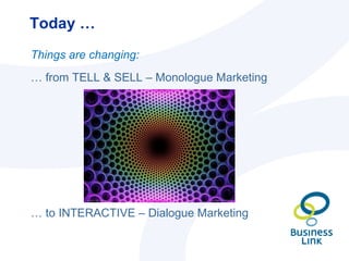 Today … <ul><ul><li>Things are changing: </li></ul></ul><ul><li>…  from TELL & SELL – Monologue Marketing </li></ul><ul><l...