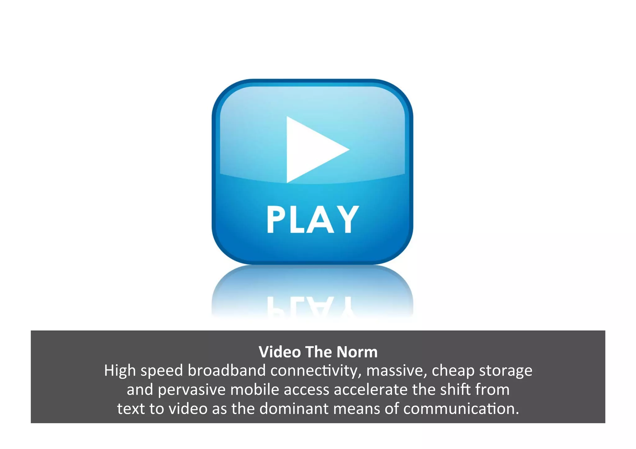 Video	
  The	
  Norm	
  
High	
  speed	
  broadband	
  connecGvity,	
  massive,	
  cheap	
  storage	
  	
  
and	
  pervasive	
  mobile	
  access	
  accelerate	
  the	
  shi`	
  from	
  	
  
text	
  to	
  video	
  as	
  the	
  dominant	
  means	
  of	
  communicaGon.	
  
 