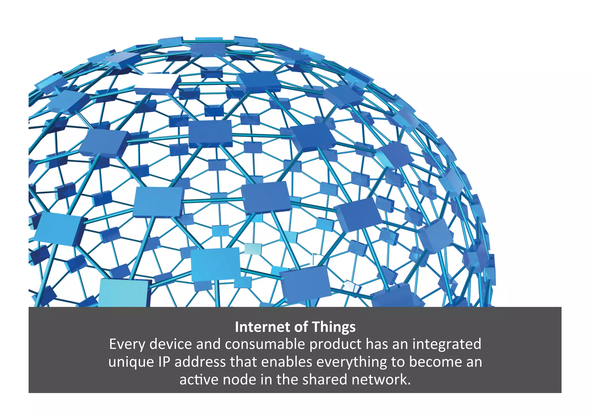 Internet	
  of	
  Things	
  
Every	
  device	
  and	
  consumable	
  product	
  has	
  an	
  integrated	
  	
  
unique	
  IP	
  address	
  that	
  enables	
  everything	
  to	
  become	
  an	
  	
  
acGve	
  node	
  in	
  the	
  shared	
  network.	
  
 