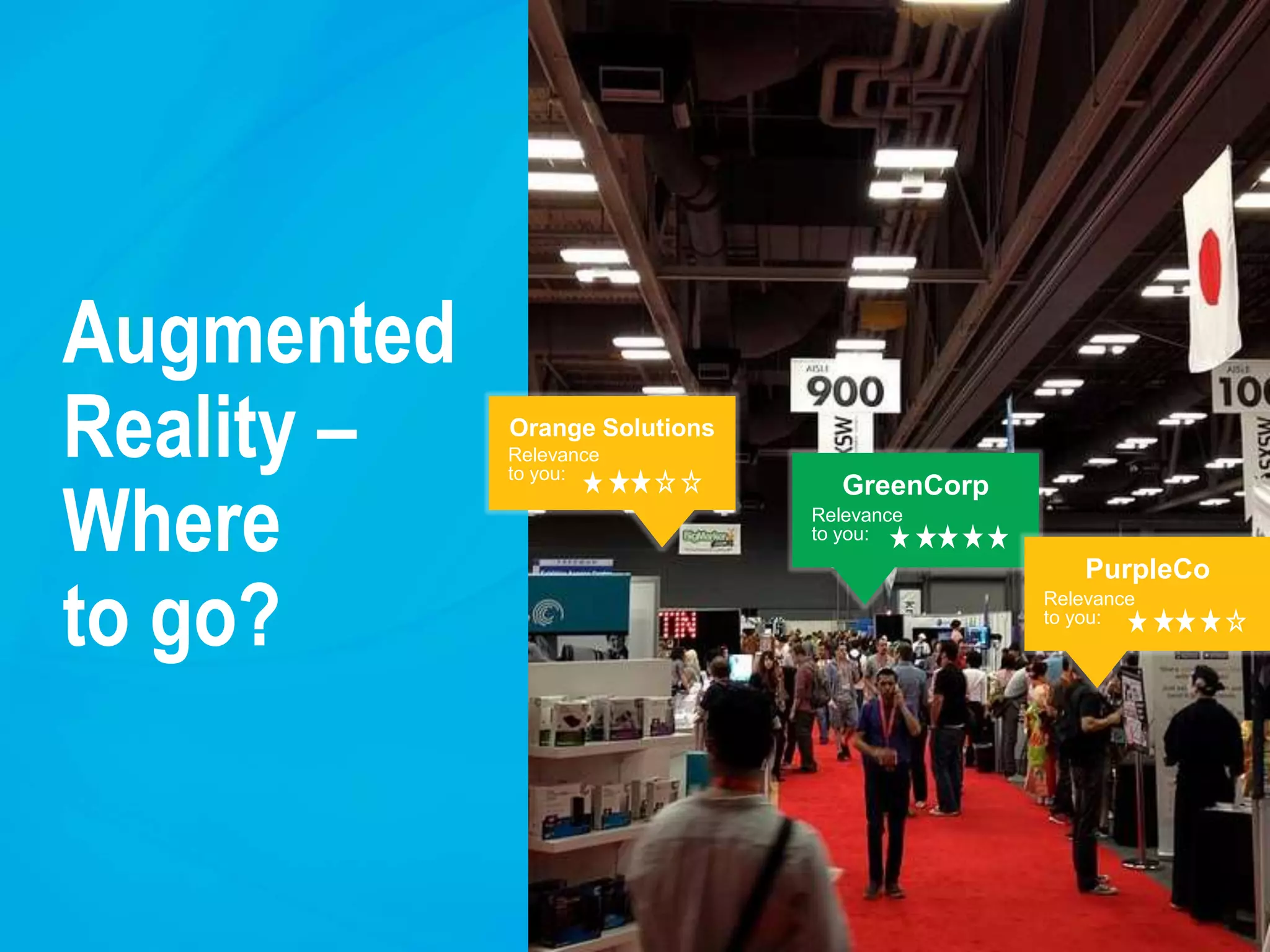 Augmented
Reality –
Where
to go?
Orange Solutions
Relevance
to you:
GreenCorp
Relevance
to you:
PurpleCo
Relevance
to you:
 