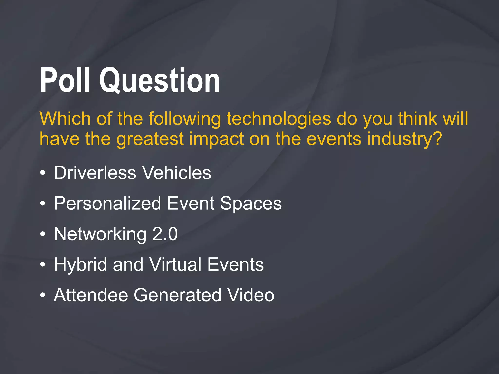 Poll Question
Which of the following technologies do you think will
have the greatest impact on the events industry?
• Driverless Vehicles
• Personalized Event Spaces
• Networking 2.0
• Hybrid and Virtual Events
• Attendee Generated Video
 