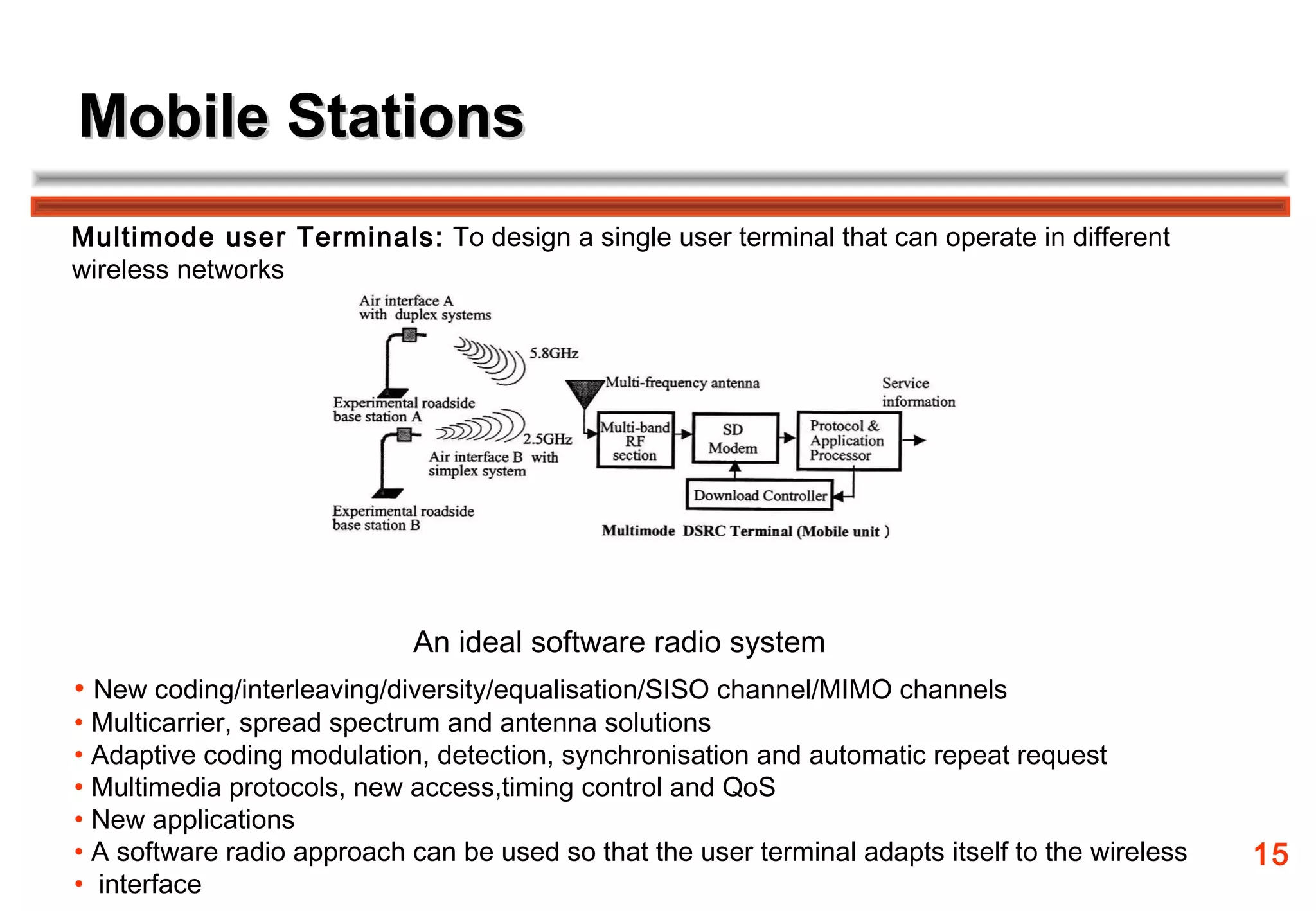 Mobile Stations
Multimode user Terminals: To design a single user terminal that can operate in different
wireless networks




                            An ideal software radio system
• New coding/interleaving/diversity/equalisation/SISO channel/MIMO channels
• Multicarrier, spread spectrum and antenna solutions
• Adaptive coding modulation, detection, synchronisation and automatic repeat request
• Multimedia protocols, new access,timing control and QoS
• New applications
• A software radio approach can be used so that the user terminal adapts itself to the wireless   15
• interface
 