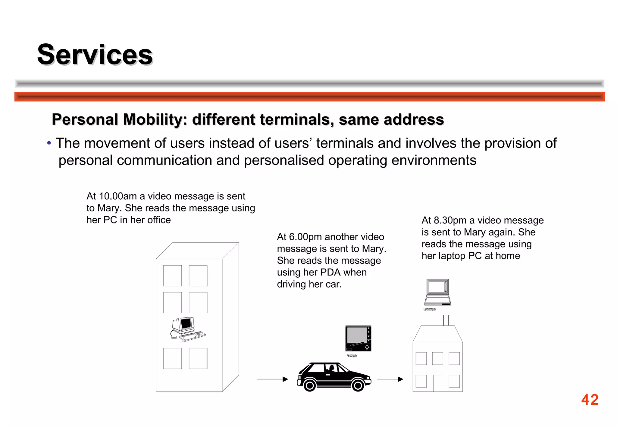 Services

 Personal Mobility: different terminals, same address
• The movement of users instead of users’ terminals and involves the provision of
  personal communication and personalised operating environments

      At 10.00am a video message is sent
      to Mary. She reads the message using
      her PC in her office                                                 At 8.30pm a video message
                                             At 6.00pm another video       is sent to Mary again. She
                                             message is sent to Mary.      reads the message using
                                             She reads the message         her laptop PC at home
                                             using her PDA when
                                             driving her car.

                                                                           Laptop computer




                                                            Pen computer




                                                                                                        42
 