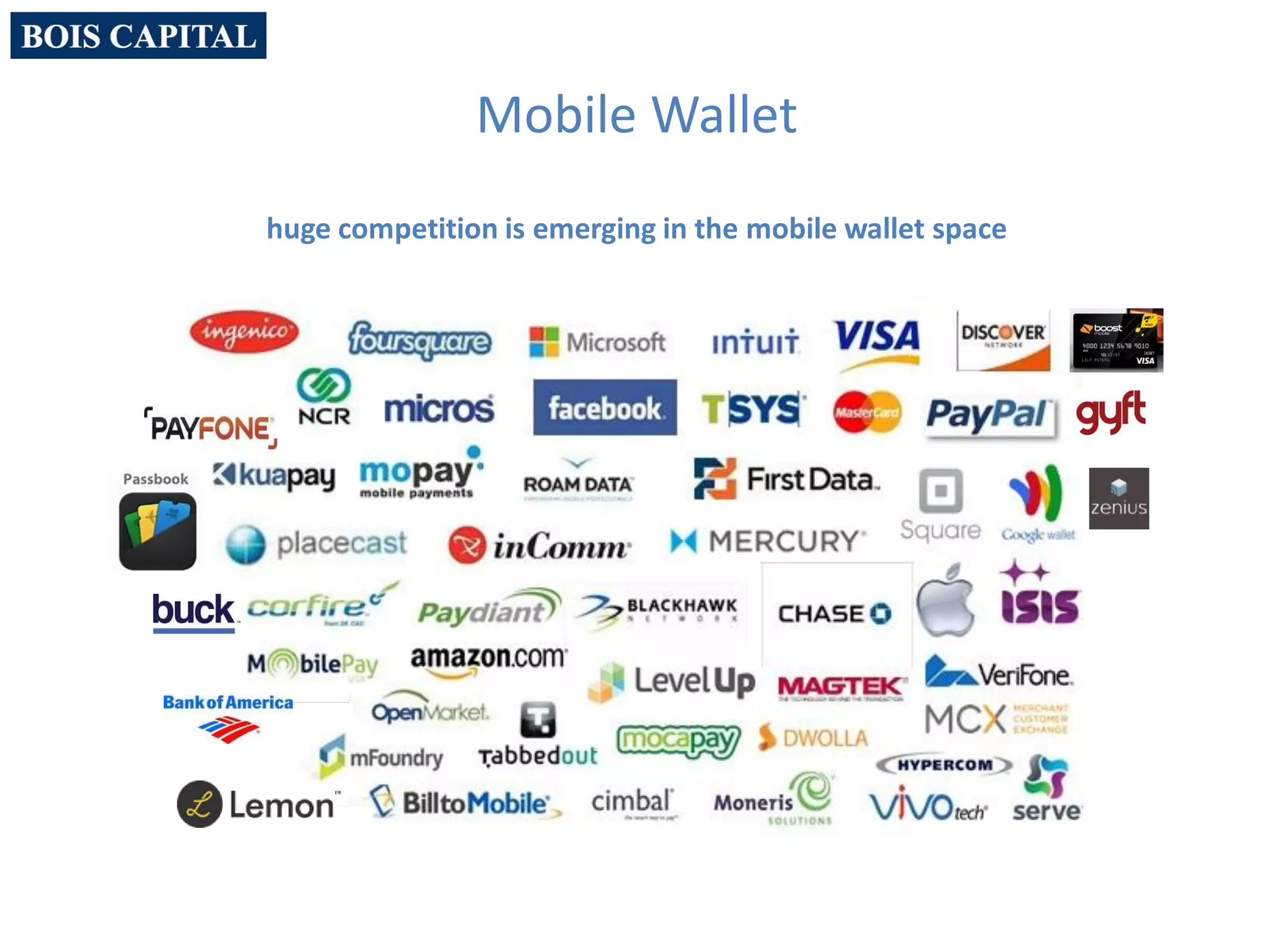 Mobile Wallet
huge competition is emerging in the mobile wallet space
 