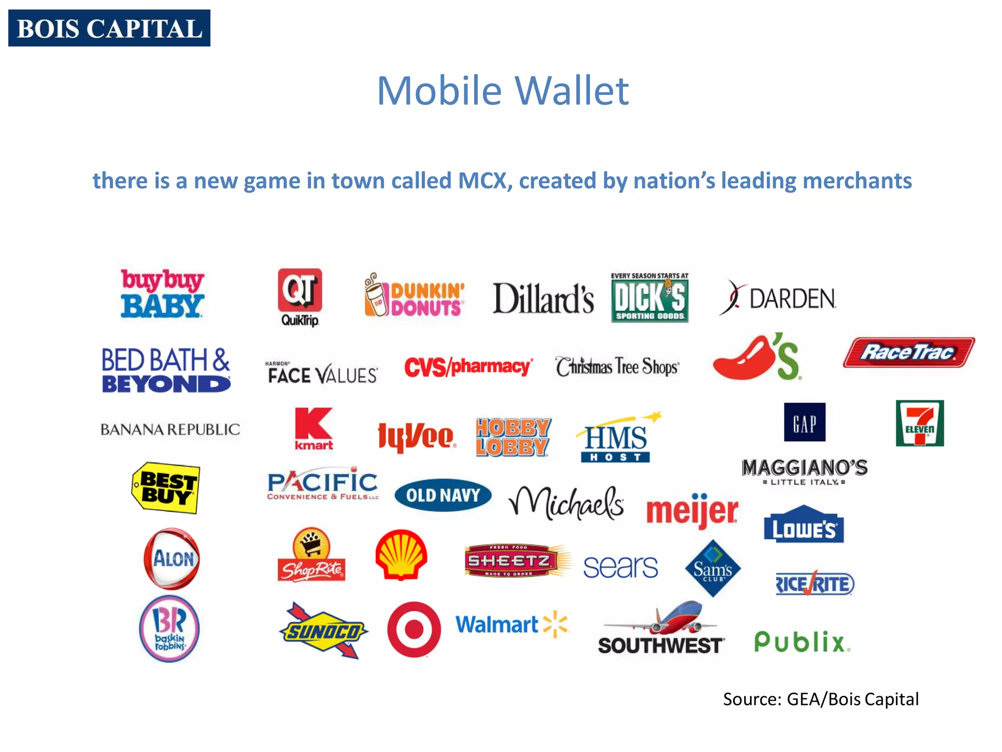 Mobile Wallet
there is a new game in town called MCX, created by nation’s leading merchants
Source: GEA/Bois Capital
 