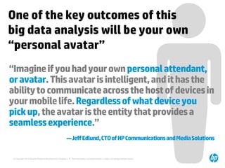 One of the key outcomes of this
big data analysis will be your own
“personal avatar”
“Imagine if you had your own personal attendant,
or avatar. This avatar is intelligent, and it has the
ability to communicate across the host of devices in
your mobile life. Regardless of what device you
pick up, the avatar is the entity that provides a
seamless experience.”
—Jeff Edlund, CTO of HP Communications and Media Solutions

© Copyright 2013 Hewlett-Packard Development Company, L.P. The information contained herein is subject to change without notice.

 