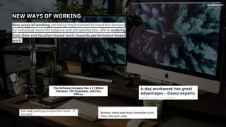 NEW WAYS OF WORKING
New ways of working are being implemented to meet the demand
for individual work/life balance and job satisfaction. We’re evolving
from time and location-based work towards performance-based
work.
 