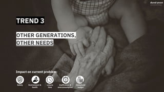 TREND 3
OTHER GENERATIONS,
OTHER NEEDS
Impact on current problem:
Safety Environment &
health
Leisure
time
Inefficiency &
overconsumption
Household
budget
 