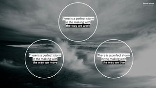 There is a perfect storm
in the making with
the way we move
There is a perfect storm
in the making with
the way we work
There is a perfect storm
in the making with
the way we live
 
