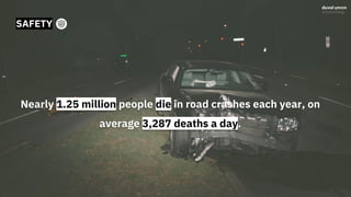 SAFETY
Nearly 1.25 million people die in road crashes each year, on
average 3,287 deaths a day.
 