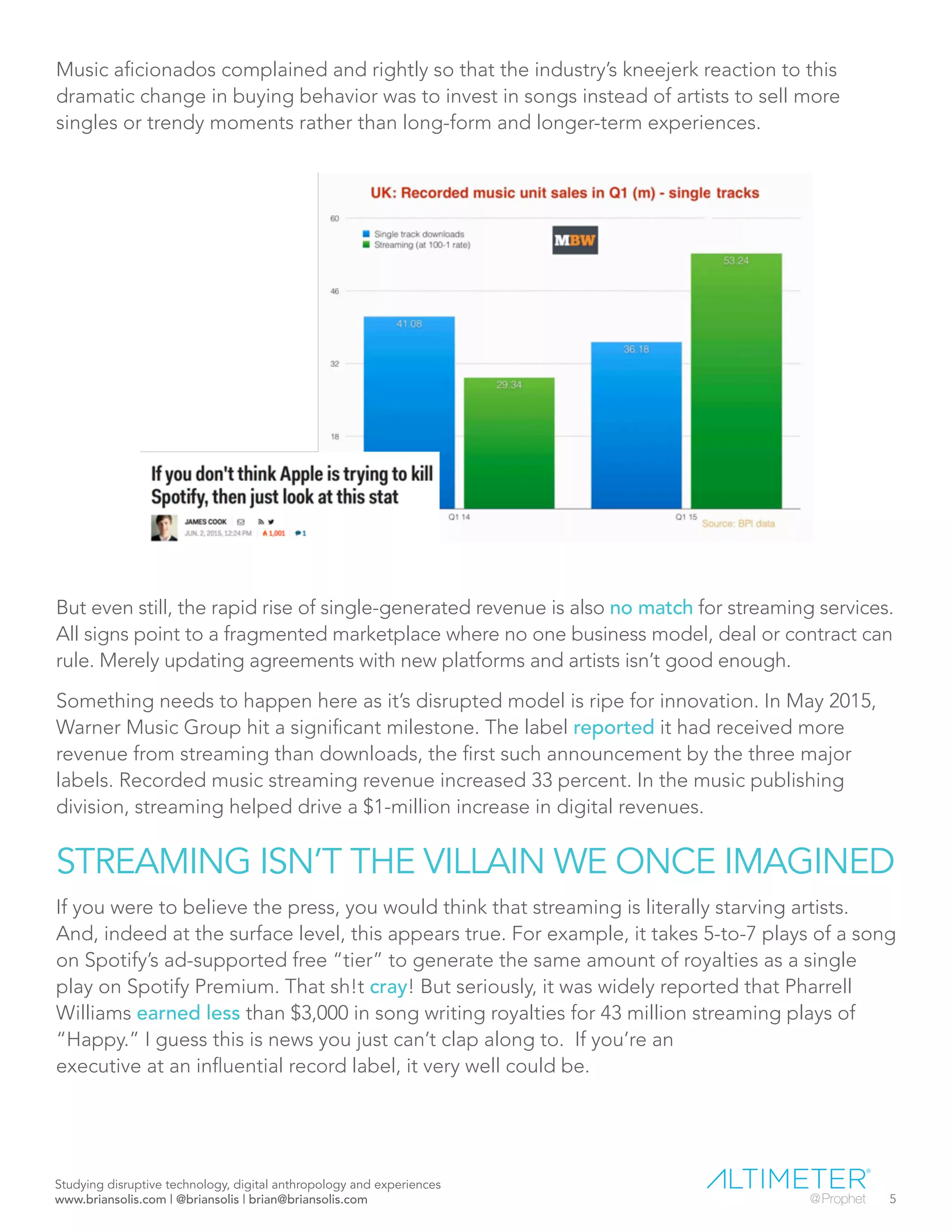 Music aficionados complained and rightly so that the industry’s kneejerk reaction to this
dramatic change in buying behavior was to invest in songs instead of artists to sell more
singles or trendy moments rather than long-form and longer-term experiences.
But even still, the rapid rise of single-generated revenue is also no match for streaming services.
All signs point to a fragmented marketplace where no one business model, deal or contract can
rule. Merely updating agreements with new platforms and artists isn’t good enough.
Something needs to happen here as it’s disrupted model is ripe for innovation. In May 2015,
Warner Music Group hit a significant milestone. The label reported it had received more
revenue from streaming than downloads, the first such announcement by the three major
labels. Recorded music streaming revenue increased 33 percent. In the music publishing
division, streaming helped drive a $1-million increase in digital revenues.
STREAMING ISN’T THE VILLAIN WE ONCE IMAGINED
If you were to believe the press, you would think that streaming is literally starving artists.
And, indeed at the surface level, this appears true. For example, it takes 5-to-7 plays of a song
on Spotify’s ad-supported free “tier” to generate the same amount of royalties as a single
play on Spotify Premium. That sh!t cray! But seriously, it was widely reported that Pharrell
Williams earned less than $3,000 in song writing royalties for 43 million streaming plays of
“Happy.” I guess this is news you just can’t clap along to. If you’re an
executive at an influential record label, it very well could be.
Studying disruptive technology, digital anthropology and experiences
www.briansolis.com | @briansolis | brian@briansolis.com 5
 