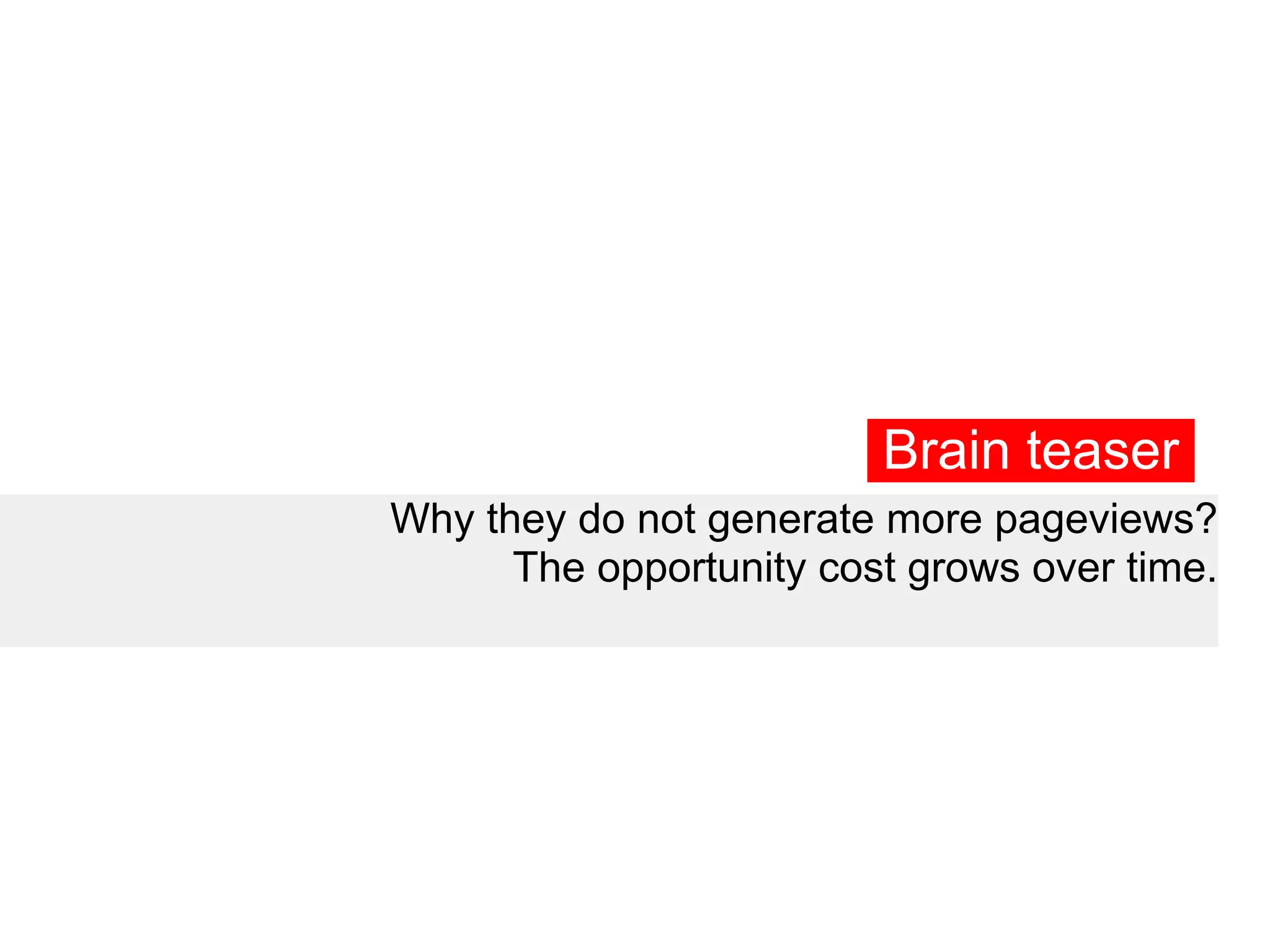 Brain teaser
Why they do not generate more pageviews?
      The opportunity cost grows over time.
 