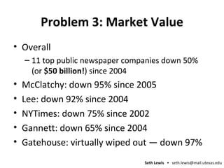 Problem 3: Market Value Overall 11 top public newspaper companies down 50%  (or  $50 billion! ) since 2004 McClatchy: down 95% since 2005 Lee: down 92% since 2004 NYTimes: down 75% since 2002 Gannett: down 65% since 2004 Gatehouse: virtually wiped out — down 97% 