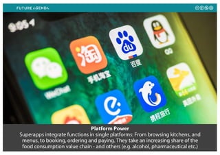 Platform Power
Superapps integrate functions in single platforms: From browsing kitchens, and
menus, to booking, ordering and paying. They take an increasing share of the
food consumption value chain - and others (e.g. alcohol, pharmaceutical etc.)
 