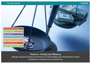 Theme 6 – Driving Cost Efficiency
Margin pressure forces more focus on technology and networked or local
resilience to improve cost economics.
Autonomous Delivery Robots
Smart Hot Vending
Kitchen Robotics
Data Driven Efficiencies Backstage
Smaller Storefront Footprints
More Localised Sourcing
Sharable Off-Prem Ecosystems
 