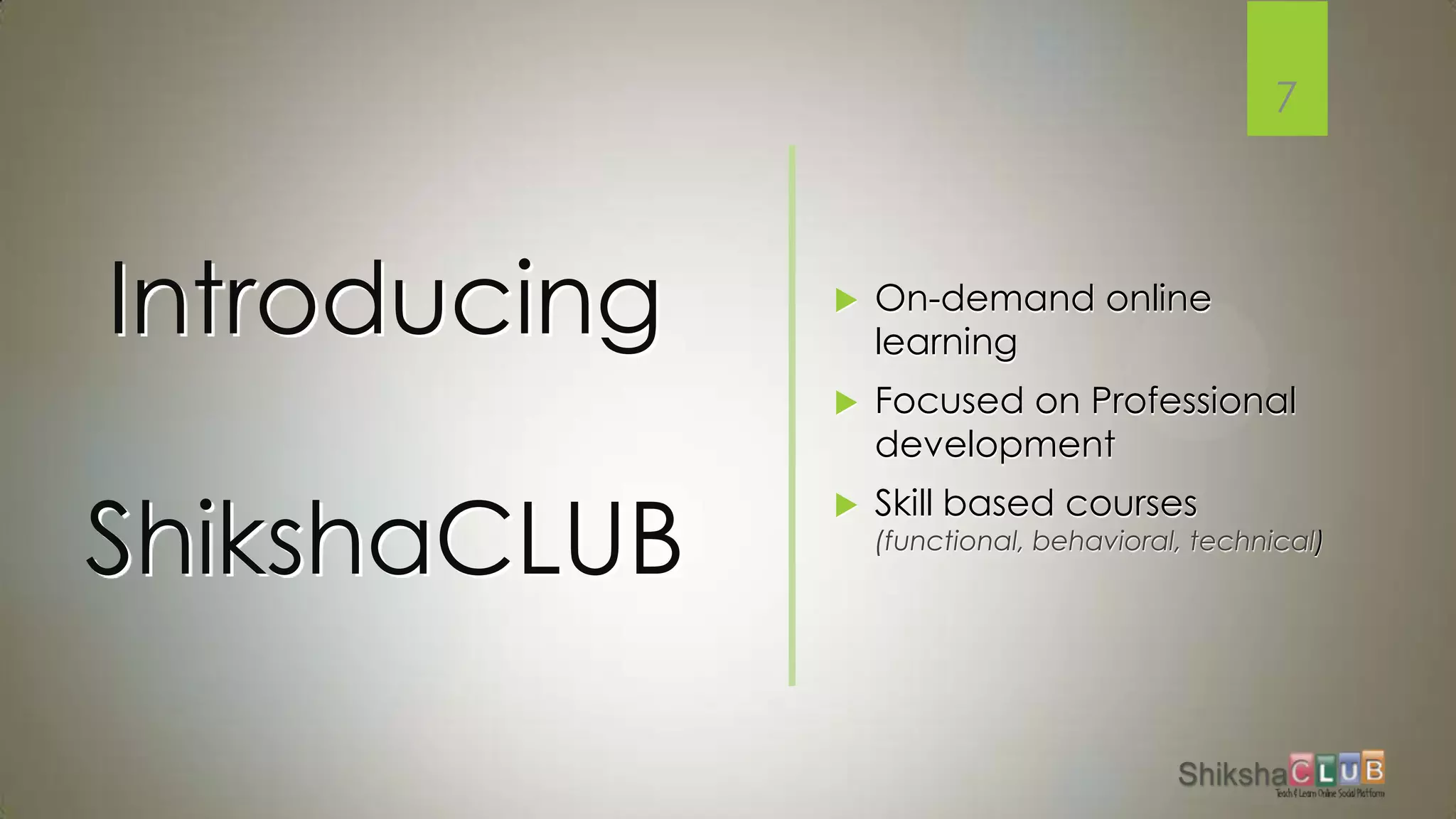 7




Introducing      On-demand online
                  learning
                 Focused on Professional
                  development


ShikshaCLUB
                 Skill based courses
                  (functional, behavioral, technical)
 