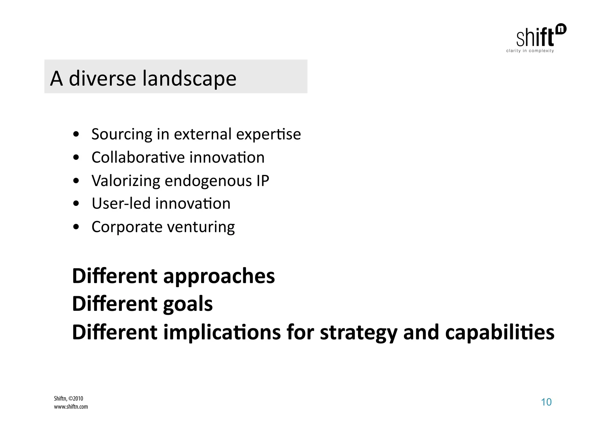 A diverse landscape 

       •         Sourcing in external exper;se     
       •         Collabora;ve innova;on   
       •         Valorizing endogenous IP 
       •         User‐led innova;on                     
       •         Corporate venturing               

       Diﬀerent approaches  
       Diﬀerent goals 
       Diﬀerent implica1ons for strategy and capabili1es   

Shiftn, ©2010
www.shiftn.com                                             10
 