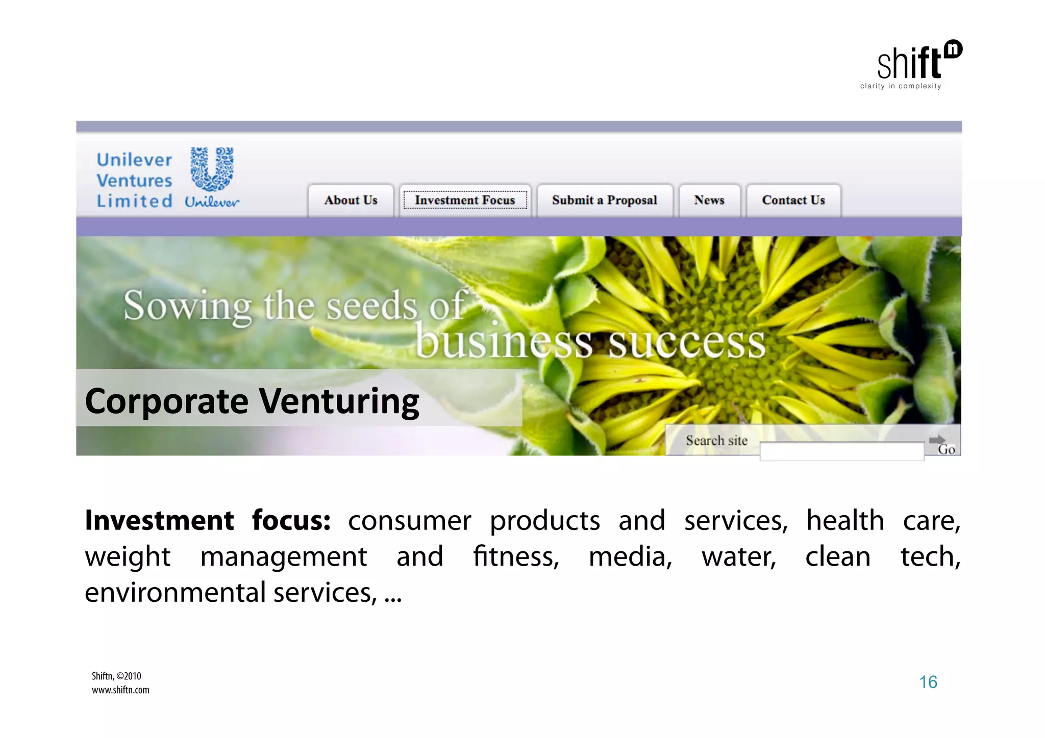 Corporate Venturing 

Investment focus: consumer products and services, health care,
weight management and tness, media, water, clean tech,
environmental services, ...

Shiftn, ©2010
www.shiftn.com                                            16
 