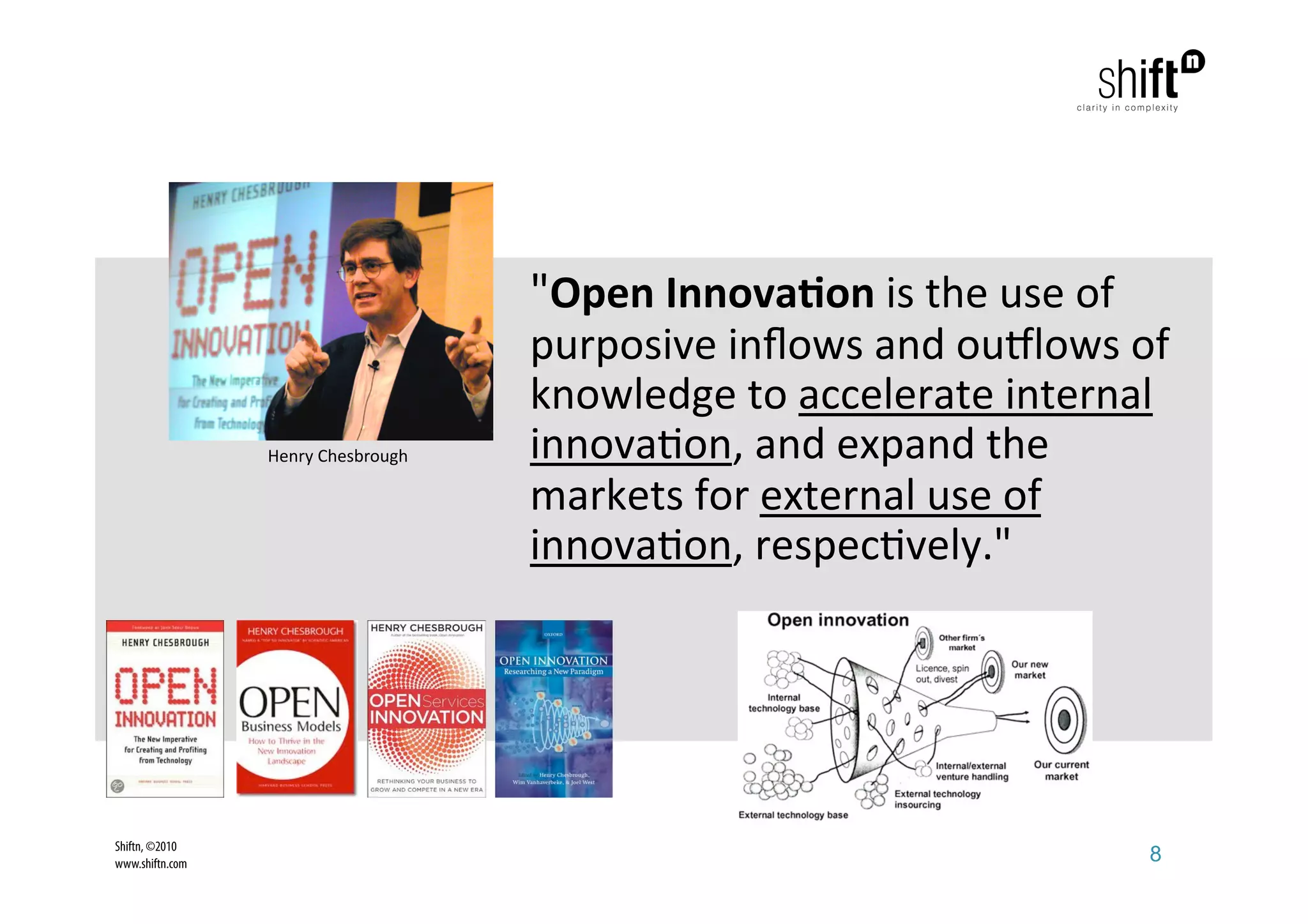 Cri1cal uncertain1es 


                                      "Open Innova1on is the use of 
                                     purposive inﬂows and ou?lows of 
                                     knowledge to accelerate internal 
                 Henry Chesbrough    innova;on, and expand the 
                                     markets for external use of 
                                     innova;on, respec;vely." 




Shiftn, ©2010
www.shiftn.com                                                         8
 