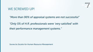 WE SCREWED UP!
“More than 90% of appraisal systems are not successful”
“Only 5% of H.R. professionals were ‘very satisfied’ with
their performance management systems.”
!
!
Survey by Society for Human Resource Management
 