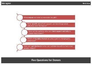 Five Questions for Donors
What impact do I wish to have with my gift?
What specific area that I support can have the great...