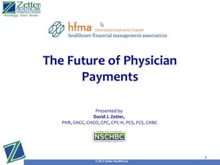 Presented by
David J. Zetter,
PHR, CHCC, CHCO, CPC, CPC-H, PCS, FCS, CHBC
Presented by
David J. Zetter,
PHR, CHCC, CHCO, CPC, CPC-H, PCS, FCS, CHBC
© 2013 Zetter HealthCare
1
The Future of Physician
Payments
 
