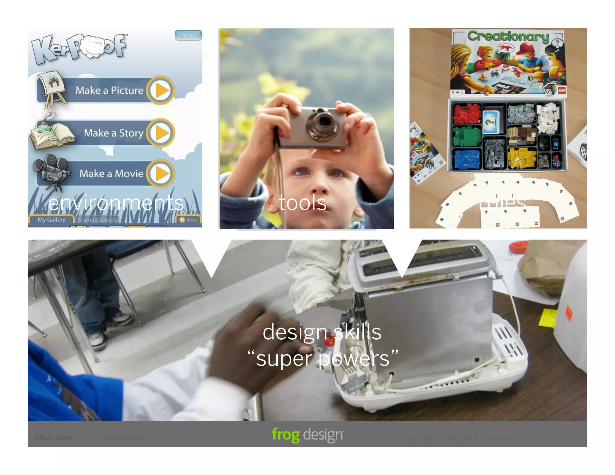 environments                 tools                                      rules




                               design skills
                             “super powers”


Client Name   Project Name                © 2010 frog design. Conﬁdential & Proprietary.   16
 