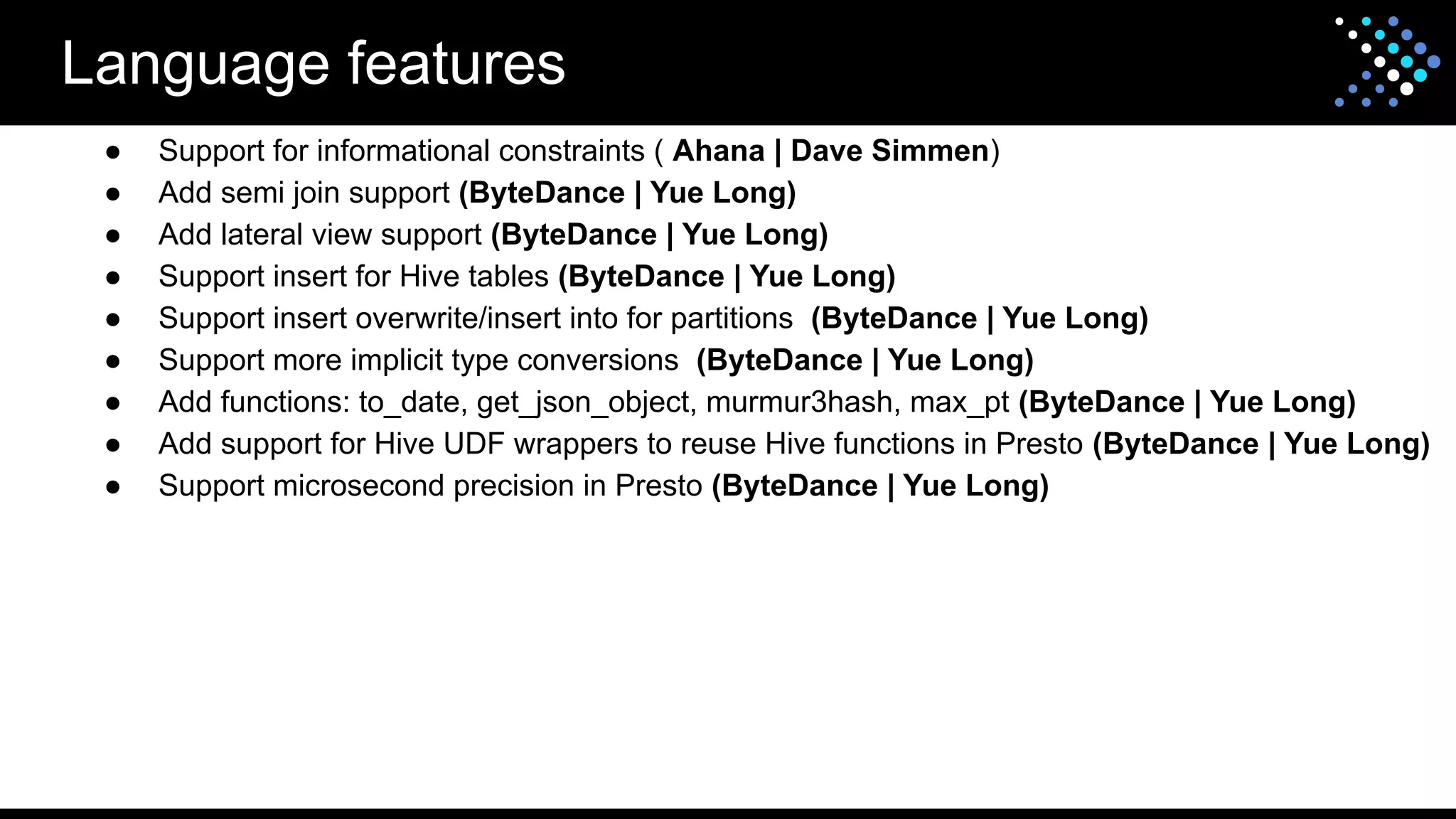 Language features
● Support for informational constraints ( Ahana | Dave Simmen)
● Add semi join support (ByteDance | Yue Long)
● Add lateral view support (ByteDance | Yue Long)
● Support insert for Hive tables (ByteDance | Yue Long)
● Support insert overwrite/insert into for partitions (ByteDance | Yue Long)
● Support more implicit type conversions (ByteDance | Yue Long)
● Add functions: to_date, get_json_object, murmur3hash, max_pt (ByteDance | Yue Long)
● Add support for Hive UDF wrappers to reuse Hive functions in Presto (ByteDance | Yue Long)
● Support microsecond precision in Presto (ByteDance | Yue Long)
 