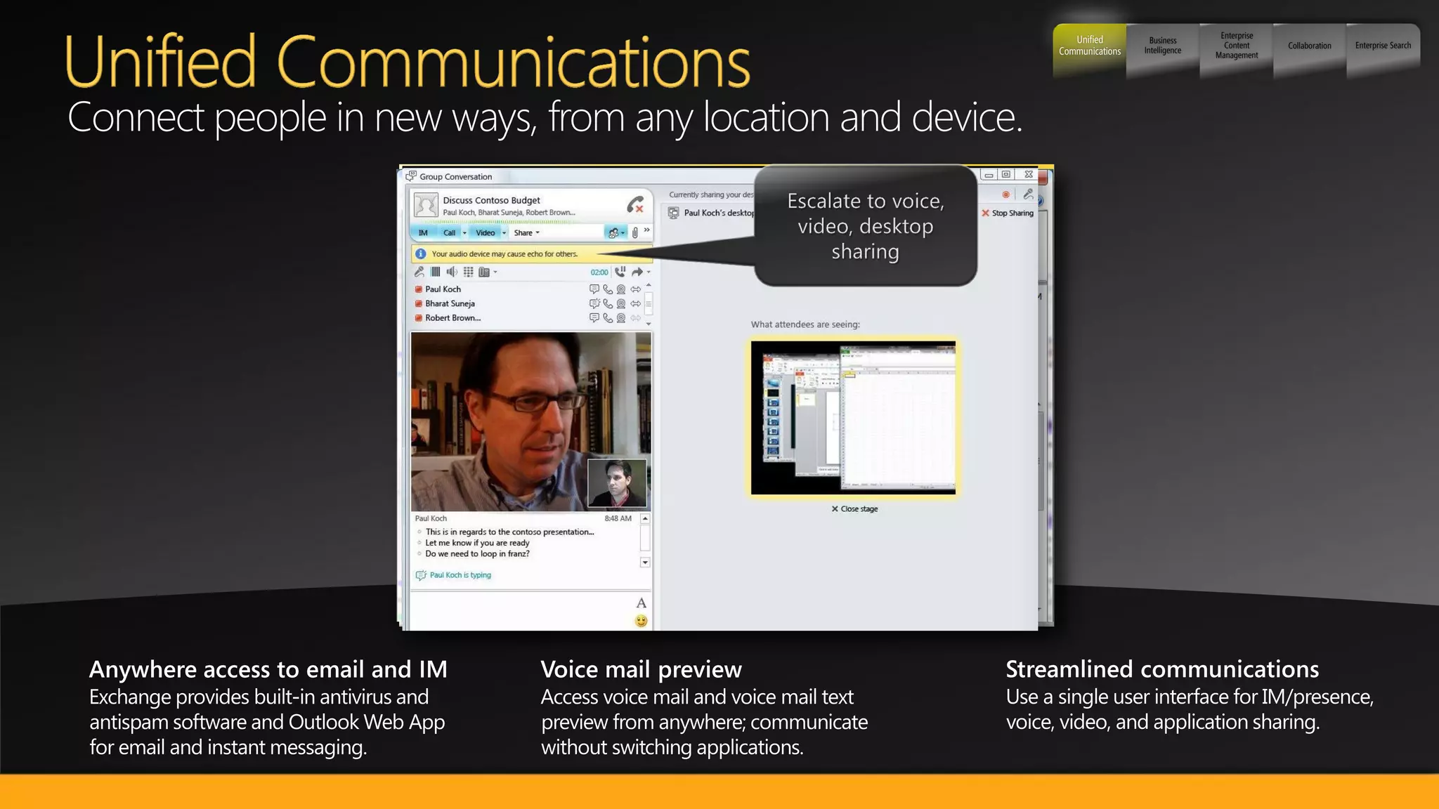 Enterprise
                                                               Unified         Business
                                                                                              Content     Collaboration   Enterprise Search
                                                            Communications   Intelligence
                                                                                            Management




Connect people in new ways, from any location and device.
 