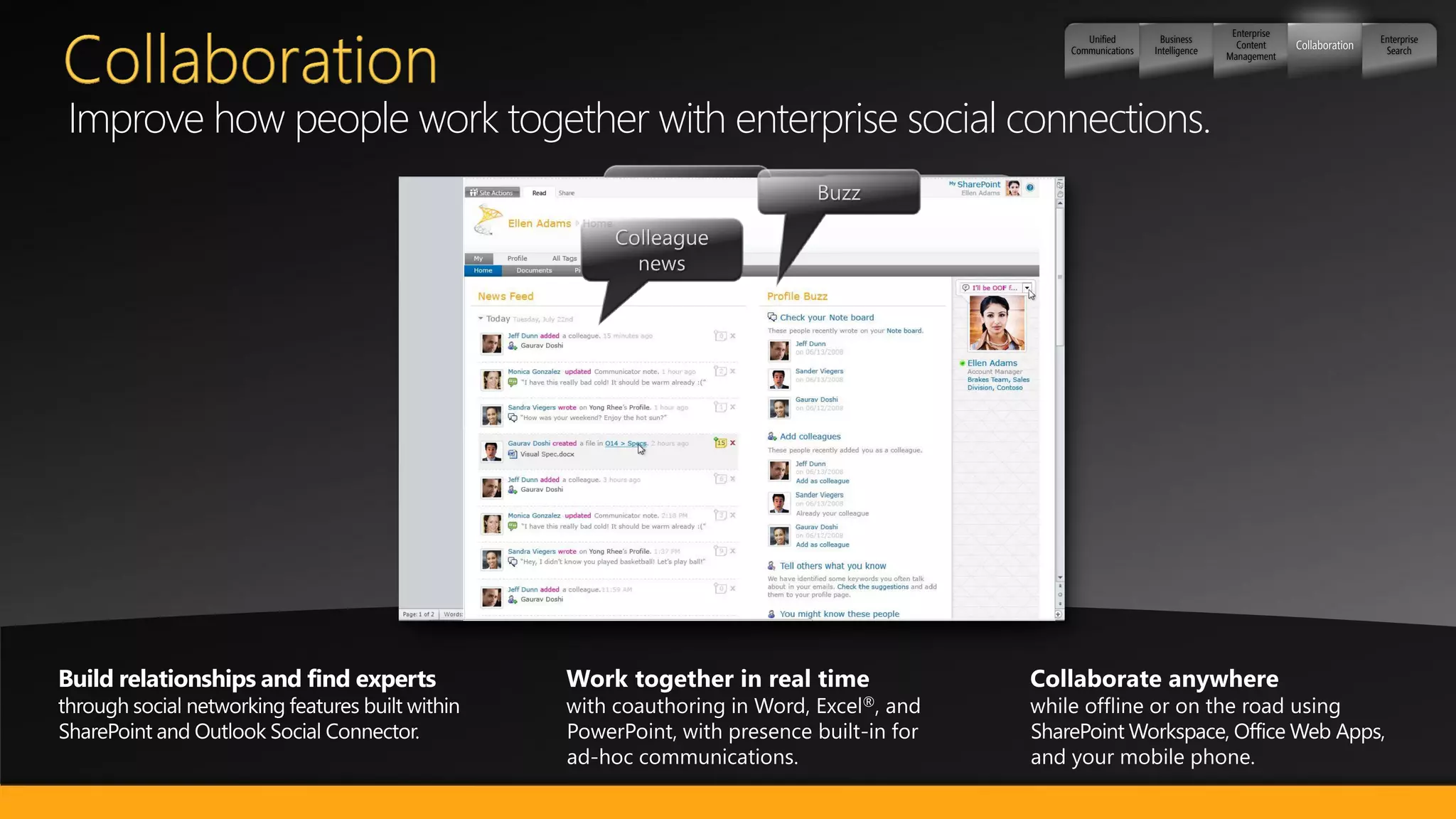 Enterprise
                                                              Unified         Business                                   Enterprise
                                                           Communications   Intelligence
                                                                                             Content     Collaboration    Search
                                                                                           Management




Improve how people work together with enterprise social connections.
 