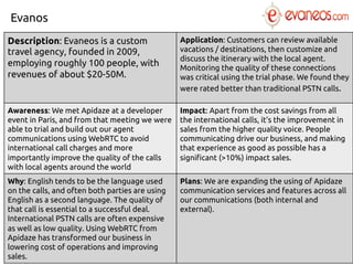 Evanos
Description: Evaneos is a custom
travel agency, founded in 2009,
employing roughly 100 people, with
revenues of about $20-50M.
Application: Customers can review available
vacations / destinations, then customize and
discuss the itinerary with the local agent.
Monitoring the quality of these connections
was critical using the trial phase. We found they
were rated better than traditional PSTN calls.
Awareness: We met Apidaze at a developer
event in Paris, and from that meeting we were
able to trial and build out our agent
communications using WebRTC to avoid
international call charges and more
importantly improve the quality of the calls
with local agents around the world
Impact: Apart from the cost savings from all
the international calls, it’s the improvement in
sales from the higher quality voice. People
communicating drive our business, and making
that experience as good as possible has a
significant (>10%) impact sales.
Why: English tends to be the language used
on the calls, and often both parties are using
English as a second language. The quality of
that call is essential to a successful deal.
International PSTN calls are often expensive
as well as low quality. Using WebRTC from
Apidaze has transformed our business in
lowering cost of operations and improving
sales.
Plans: We are expanding the using of Apidaze
communication services and features across all
our communications (both internal and
external).
 
