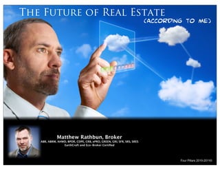 The Future of Real Estate
                                                                         (according to me)




              Matthew Rathbun, Broker
   ABR, ABRM, AHWD, BPOR, CDPE, CRB, ePRO, GREEN, GRI, SFR, SRS, SRES 
                 EarthCraft and Eco-Broker Certiﬁed




                                                                                  Four Pillars 2010-2011©
 