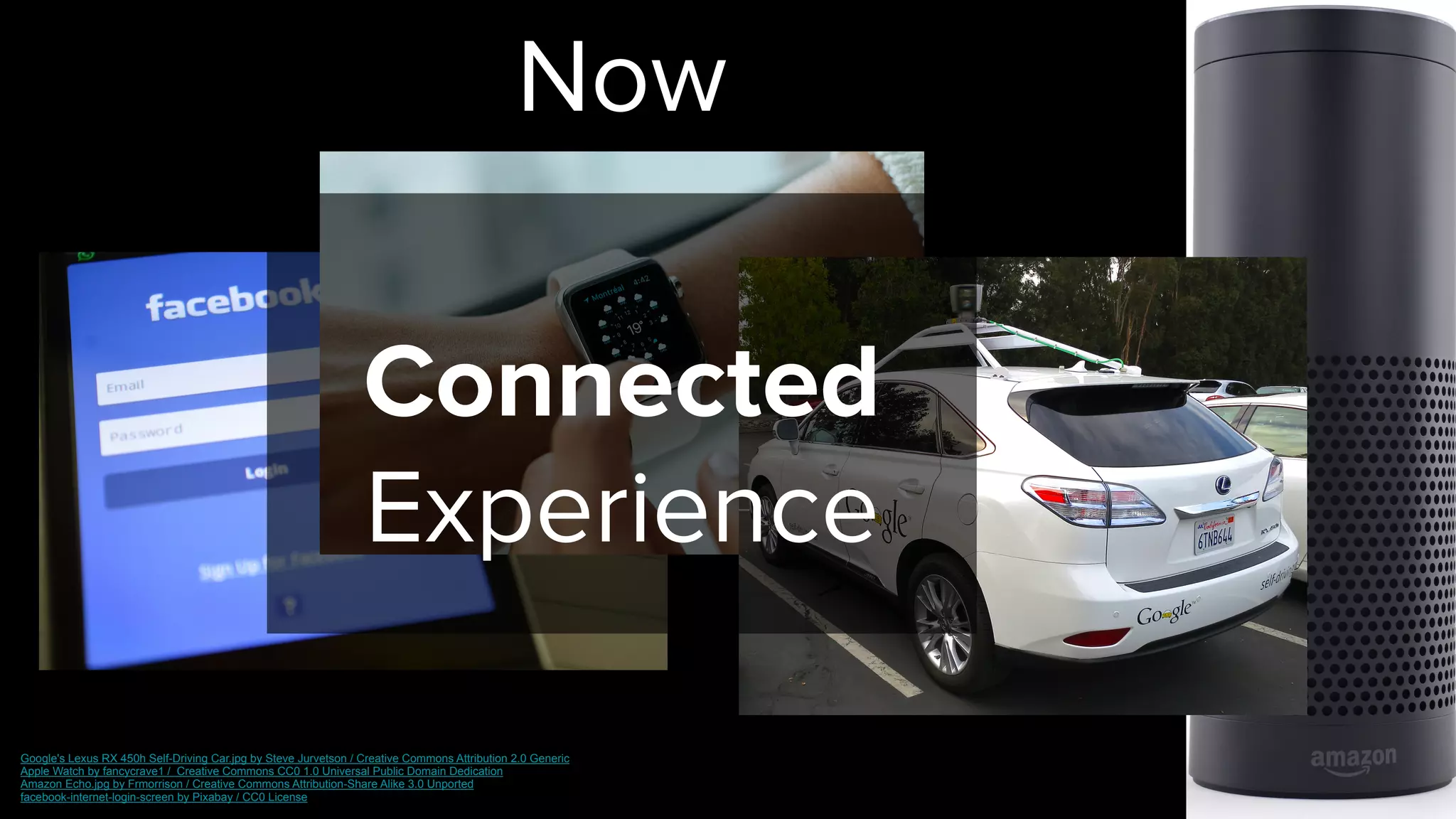 🗞
Now
Connected
Experience
Google's Lexus RX 450h Self-Driving Car.jpg by Steve Jurvetson / Creative Commons Attribution 2.0 Generic  
Apple Watch by fancycrave1 / Creative Commons CC0 1.0 Universal Public Domain Dedication
Amazon Echo.jpg by Frmorrison / Creative Commons Attribution-Share Alike 3.0 Unported
facebook-internet-login-screen by Pixabay / CC0 License
 