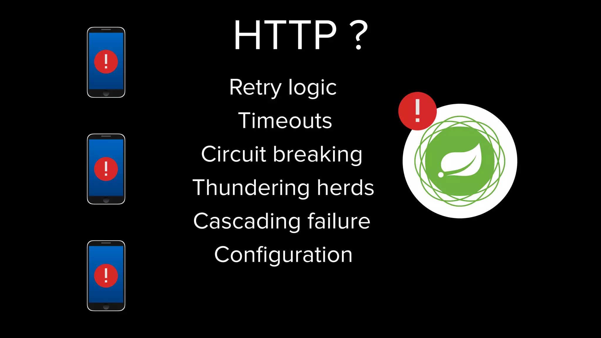 Thundering herds
Cascading failure
Circuit breaking
Retry logic
Timeouts
Conﬁguration
HTTP ?
 