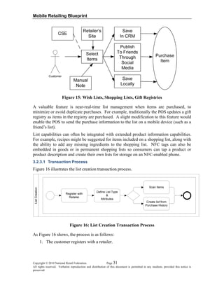 Mobile Retailing Blueprint
Figure 15: Wish Lists, Shopping Lists, Gift Registries
A valuable feature is near-real-time list management when items are purchased, to
minimize or avoid duplicate purchases. For example, traditionally the POS updates a gift
registry as items in the registry are purchased. A slight modification to this feature would
enable the POS to send the purchase information to the list on a mobile device (such as a
friend’s list).
List capabilities can often be integrated with extended product information capabilities.
For example, recipes might be suggested for items included on a shopping list, along with
the ability to add any missing ingredients to the shopping list. NFC tags can also be
embedded in goods or in permanent shopping lists so consumers can tap a product or
product description and create their own lists for storage on an NFC-enabled phone.
3.2.3.1 Transaction Process
Figure 16 illustrates the list creation transaction process.
Figure 16: List Creation Transaction Process
As Figure 16 shows, the process is as follows:
1. The customer registers with a retailer.
Copyright © 2010 National Retail Federation. Page 31
All rights reserved. Verbatim reproduction and distribution of this document is permitted in any medium, provided this notice is
preserved.
 