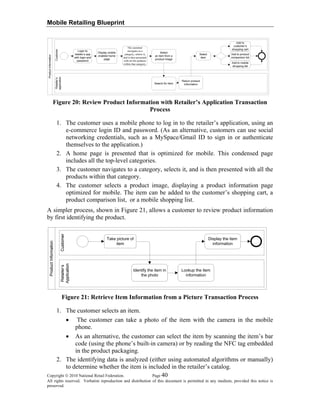 Mobile Retailing Blueprint
Figure 20: Review Product Information with Retailer’s Application Transaction
Process
1. The customer uses a mobile phone to log in to the retailer’s application, using an
e-commerce login ID and password. (As an alternative, customers can use social
networking credentials, such as a MySpace/Gmail ID to sign in or authenticate
themselves to the application.)
2. A home page is presented that is optimized for mobile. This condensed page
includes all the top-level categories.
3. The customer navigates to a category, selects it, and is then presented with all the
products within that category.
4. The customer selects a product image, displaying a product information page
optimized for mobile. The item can be added to the customer’s shopping cart, a
product comparison list, or a mobile shopping list.
A simpler process, shown in Figure 21, allows a customer to review product information
by first identifying the product.
Take picture of
item
Identify the item in
the photo
Lookup the item
information
Display the item
information
Figure 21: Retrieve Item Information from a Picture Transaction Process
1. The customer selects an item.
• The customer can take a photo of the item with the camera in the mobile
phone.
• As an alternative, the customer can select the item by scanning the item’s bar
code (using the phone’s built-in camera) or by reading the NFC tag embedded
in the product packaging.
2. The identifying data is analyzed (either using automated algorithms or manually)
to determine whether the item is included in the retailer’s catalog.
Copyright © 2010 National Retail Federation. Page 40
All rights reserved. Verbatim reproduction and distribution of this document is permitted in any medium, provided this notice is
preserved.
 