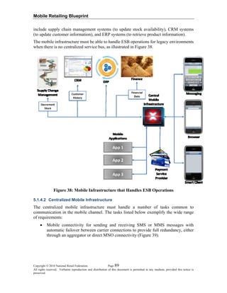 Mobile Retailing Blueprint
include supply chain management systems (to update stock availability), CRM systems
(to update customer information), and ERP systems (to retrieve product information).
The mobile infrastructure must be able to handle ESB operations for legacy environments
when there is no centralized service bus, as illustrated in Figure 38.
Figure 38: Mobile Infrastructure that Handles ESB Operations
5.1.4.2 Centralized Mobile Infrastructure
The centralized mobile infrastructure must handle a number of tasks common to
communication in the mobile channel. The tasks listed below exemplify the wide range
of requirements:
• Mobile connectivity for sending and receiving SMS or MMS messages with
automatic failover between carrier connections to provide full redundancy, either
through an aggregator or direct MNO connectivity (Figure 39).
Copyright © 2010 National Retail Federation. Page 89
All rights reserved. Verbatim reproduction and distribution of this document is permitted in any medium, provided this notice is
preserved.
 