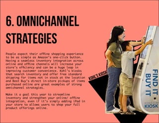 6. omnichannel
strategies
kohl’skiosks
People expect their offline shopping experience
to be as simple as Amazon’s one-click button.
Having a seamless inventory integration across
online and offline channels will increase your
store’s efficiency and can be a huge leap in
improving customer convenience. Kohl’s kiosks
that search inventory and offer free standard
shipping for items not in stock at the location
and Best Buy’s direct in-store pickups of items
purchased online are great examples of strong
omnichannel strategies.
Make it a goal this year to streamline
inventory and strengthen your online/ offline
integration, even if it’s simply adding iPad in
your store to allows users to shop your full
product offerings online.
 