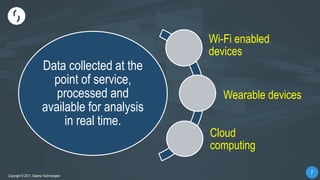 77
Copyright © 2017, Saama Technologies
7
Copyright © 2017, Saama Technologies
Data collected at the
point of service,
processed and
available for analysis
in real time.
Wi-Fi enabled
devices
Wearable devices
Cloud
computing
 