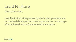 Automate and Nurture – Example Campaigns
 Purchase hot buttons – sales rep
initiates based on insights from
prospect disc...