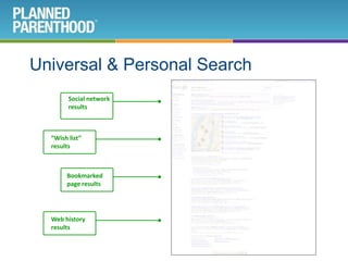 Helps you connect  to local businesses using a variety of different  sources and/or tools.Personalization of SearchPersonal search:Allows search engines to base their results on your personal preferences